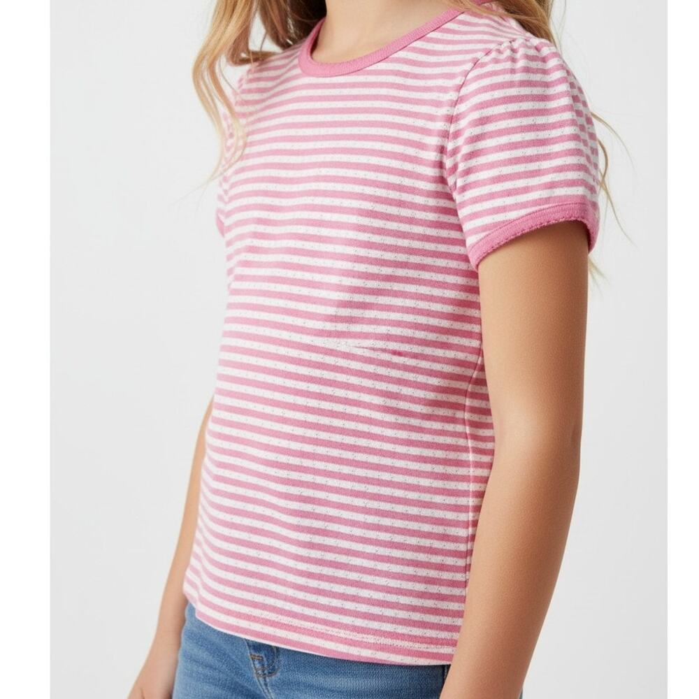 Mini Boden Pink Stripe Pointelle Tee Girls 8-9Y